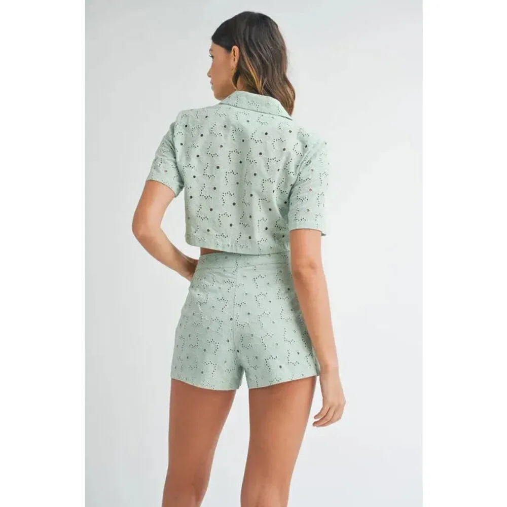 MABLE Eyelet Short Sleeve Crop Top and Shorts Set